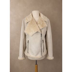 Express Faux Suede Moto Jacket Cream Shearling Collar Zip Front Large